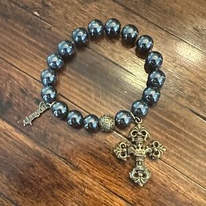 Women's Black Beaded Bracelet with Ornate Cross Charm